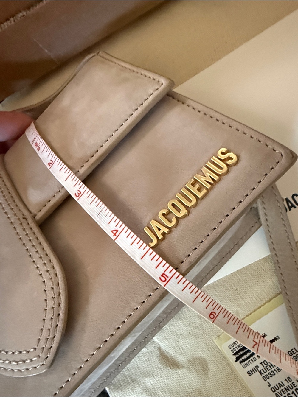 Jacquemus taupe Le Bambino Long beige suede shoulder bag with gold hardware - Picture 10 of 13